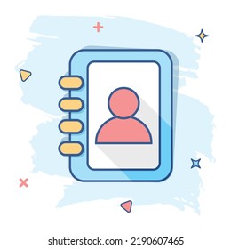 Vector cartoon address book icon in comic style. Contact note sign illustration pictogram. Notebook business splash effect concept.
