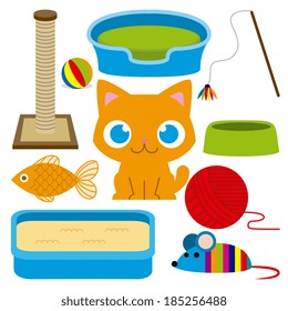 Vector Cartoon Adorable Cat With Different Toys And Elements