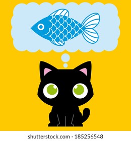 Vector Cartoon Adorable Cat Dreaming With A Fish