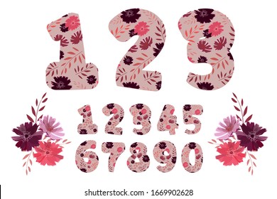 Vector cartoon adorable flower numbers from 0 to 9. Botanical character, figure. Pink, maroon, purple, coral color flowers in the shape of a bold number. Chicory flowers with branches.