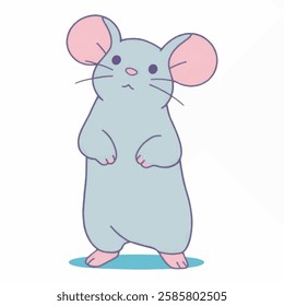 A vector cartoon of an adorable gray mouse standing upright, looking curious with large ears and a tiny tail. Great for children’s books, pet illustrations, and educational materials.