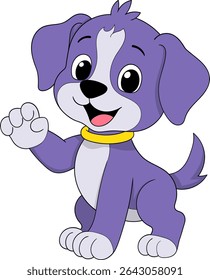 Vector cartoon of an adorable purple puppy dog with big eyes, a yellow collar, and a happy expression, waving its paw.