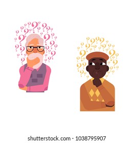 Vector Cartoon Adult African Black, Caucasian Grey-haired Old Senior Man Standing In Thoughtful Pose Holding His Chin Thinking With Questions Above Head Portrait. Isolated Background Illustration