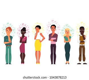 Vector cartoon adult african black, caucasian people thinking set. Men, beautiful women standing in thoughtful pose thinking with questions above head portrait Isolated background illustration