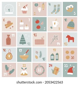 Vector Cartoon Advent Calendar. Christmas Presents And Decorations With Numbers From 1 To 25. Gift Box Template.