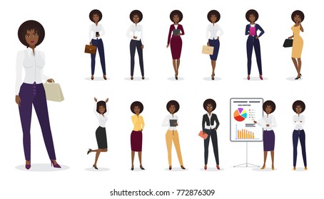 Vector Cartoon african american businesswoman female standing in different positions. Woman character set.