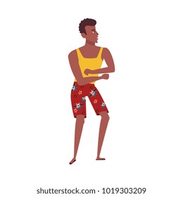 vector cartoon african black young adult man dancing at beach party in summer clothing, in shorts with flowers print. Isolated illustration on a white background.