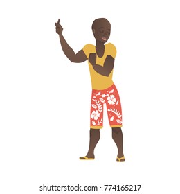 vector cartoon african black young adult man dancing at beach party in summer clothing, in shorts with flowers print. Isolated illustration on a white background.