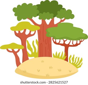 Vector cartoon African trees on ground isolated on white background. Funny safari plants composition clipart. Cute savannah tree scene icon for kids. Flat savanna element. Africa flora illustration