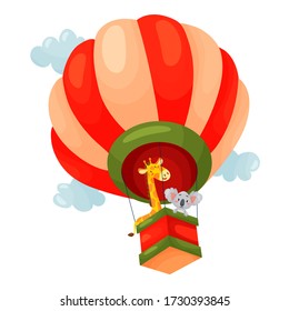 Vector cartoon air balloon illustration with animal in the basket. Air balloon is flying in the clouds and animals are waving. Flat vector illustration on white isolated background.