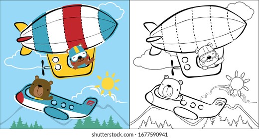 vector cartoon of air transportation cartoon with funny animals, coloring book or page