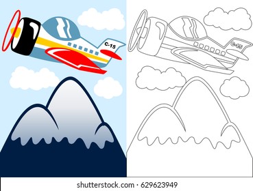 vector cartoon of airplane flying across mountains, coloring page or book