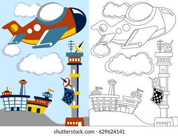vector cartoon of airplane flying across airport, coloring page or book