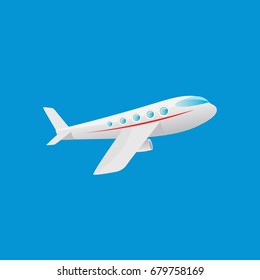 vector cartoon airplane flying in blue sky side view. vector airplane icon or logo design template