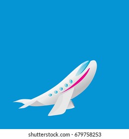 vector cartoon airplane flying in blue sky side view. vector airplane icon or logo design template