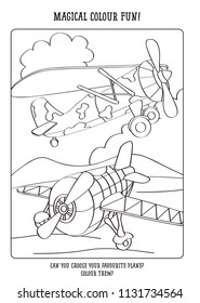caricatura vectorial de aviones, libro de colorear o página, Dos aviones voladores al aire libre ilustración para niños Actividades. 