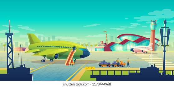 Vector cartoon airport landscape, green airliner, jet on runway. Loading of luggage on commercial airplane with passenger ladder on background of building with control tower. Concept banner