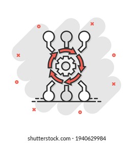 Vector cartoon algorithm api software icon in comic style. Gear with arrow concept illustration pictogram. Algorithm business splash effect concept.