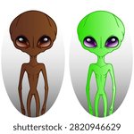 VECTOR CARTOON ALIEN CHARACTERS SET. BROWN AND GREEN EXTRATERRESTRIAL HUMANOIDS WITH BIG GLOSSY EYES. FUNNY SCI-FI MARTIAN STICKERS COLLECTION ISOLATED ON WHITE GRADIENT BACKGROUND