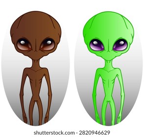 VECTOR CARTOON ALIEN CHARACTERS SET. BROWN AND GREEN EXTRATERRESTRIAL HUMANOIDS WITH BIG GLOSSY EYES. FUNNY SCI-FI MARTIAN STICKERS COLLECTION ISOLATED ON WHITE GRADIENT BACKGROUND