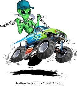 Vector cartoon alien drives a monstertruck. Available EPS-10 vector format separated by groups and layers for easy edit