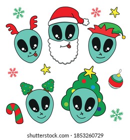 Vector Cartoon Alien Face with christmas ornament. Cute cartoon christmas alien emoticons vector illustration