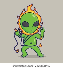 vector cartoon alien ghost rider with fire