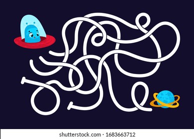 Vector cartoon alien and planet. Vector illustrations for children books. Labyrinth. Educational game for children. 