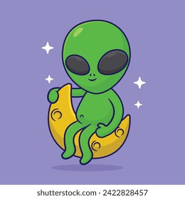 vector cartoon alien siting on the moon art design