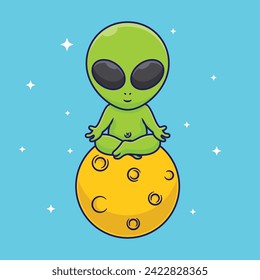 vector cartoon alien sitting meditation on the moon art design, vector illustration