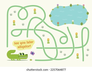 Vector cartoon alligator and forest  puzzle. Pun. Vector illustrations for children books. Labyrinth. Educational game for children.