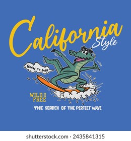 vector cartoon alligator illustration for wave surfing poster