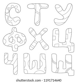 Vector cartoon alphabet for children design. Russian letters. ABC for kids - back and white - coloring book