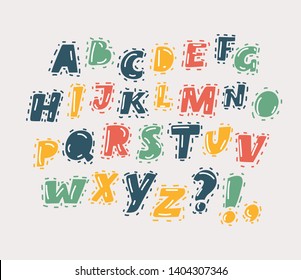Vector cartoon alphabet with isolated on white background. Latin letters in different color, English hand drawn font on white background.