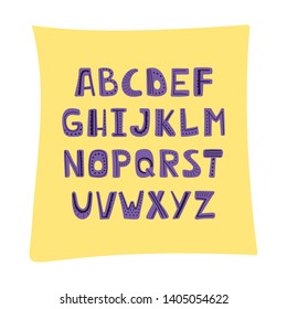 Vector cartoon alphabet for kids. Upper letterswith doodle patterns. Cute abc design for book cover, poster, card, print on baby's clothes, pillow etc.