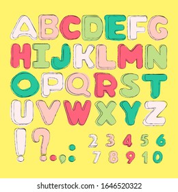 Vector cartoon alphabet and numbers. Cute abc design for book cover, poster, card, print on baby's clothes, pillow etc. Playful style font design, childish alphabet letters and numbers