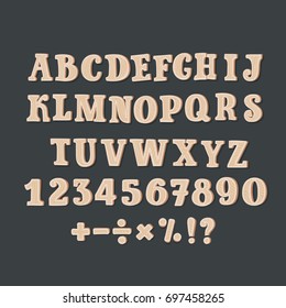 Vector cartoon alphabet of a set of wooden comic ABC letters and set of numbers, containing punctuation symbols, Division, exclamation point, multiplication, percent, equals, minus in dark background+