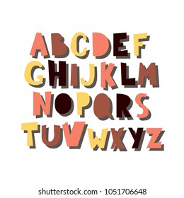 Vector cartoon alphabet with shadow isolated on white background. Colorful letters, hand drawn font flat style illustration
