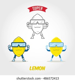 Vector cartoon alphabet Super Hero Fruit. Illustration of isolated super hero fruit alphabet L for Lemon