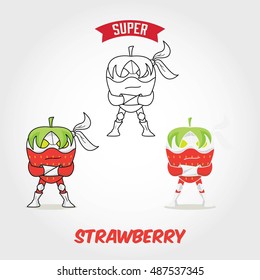 Vector cartoon alphabet Super Hero Fruit. Illustration of isolated super hero fruit alphabet S for Strawberry