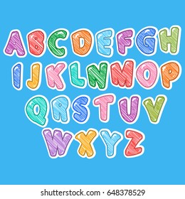 Vector cartoon alphabet white background. Upper letters with dotted line. Cute abc design for book cover, poster, card, print on baby's clothes, pillow etc. child scribble with a pencil