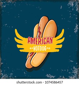 vector cartoon american hotdog label on grunge blue background. Vintage hot dog poster or icon design element collection. Fast food, cafe or hotdog carts logo design concept
