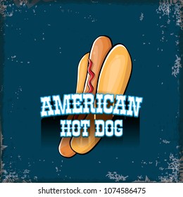 vector cartoon american hotdog label on grunge blue background. Vintage hot dog poster or icon design element collection. Fast food, cafe or hotdog carts logo design concept