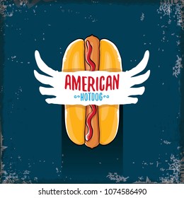 vector cartoon american hotdog label on grunge blue background. Vintage hot dog poster or icon design element collection. Fast food, cafe or hotdog carts logo design concept