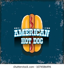 vector cartoon american hotdog label on grunge blue background. Vintage hot dog poster or icon design element collection. Fast food, cafe or hotdog carts logo design concept