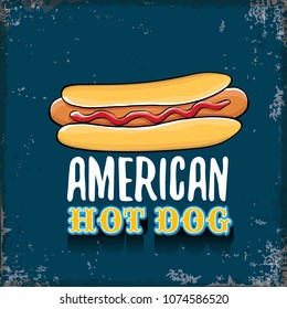 vector cartoon american hotdog label on grunge blue background. Vintage hot dog poster or icon design element collection. Fast food, cafe or hotdog carts logo design concept