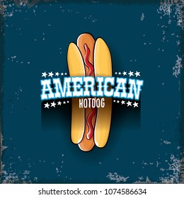 vector cartoon american hotdog label on grunge blue background. Vintage hot dog poster or icon design element collection. Fast food, cafe or hotdog carts logo design concept