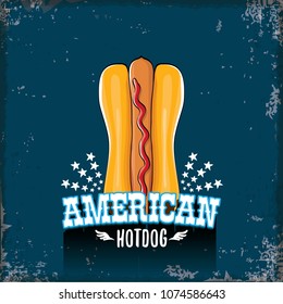 vector cartoon american hotdog label on grunge blue background. Vintage hot dog poster or icon design element collection. Fast food, cafe or hotdog carts logo design concept