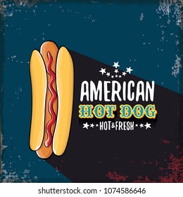 vector cartoon american hotdog label on grunge blue background. Vintage hot dog poster or icon design element collection. Fast food, cafe or hotdog carts logo design concept