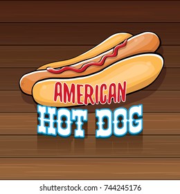 vector cartoon american hotdog label isolated on wooden table background. Vintage hot dog poster or icon design element collection. Fast food, cafe or hotdog carts logo design concept